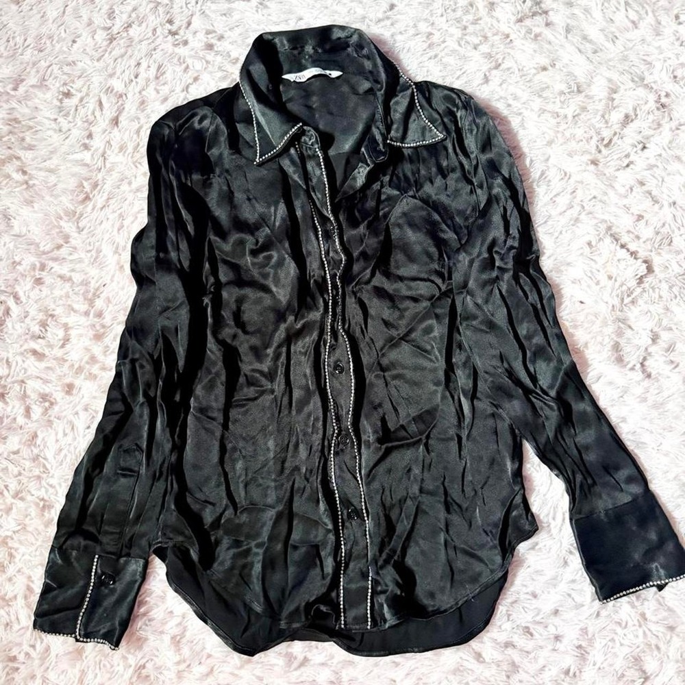 Zara Black Satin Embellished Rhinestone Old Hollywood Button Down Top Womens M
